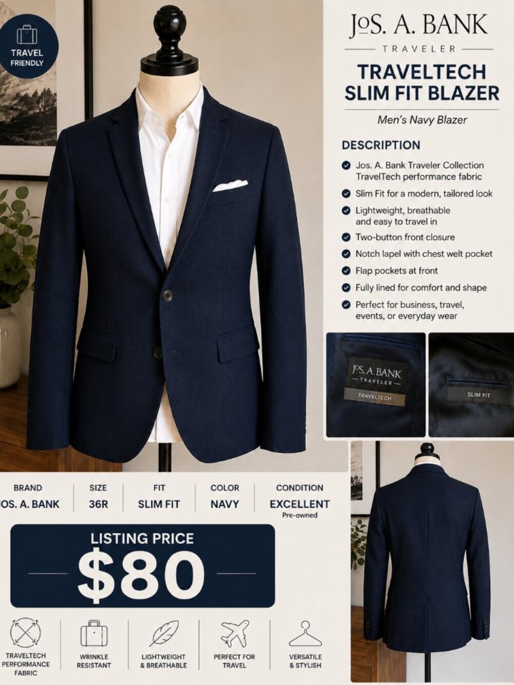 Jos. A. Bank Traveler TravelTech Slim Fit Navy Blazer – Size 36R – Performance J